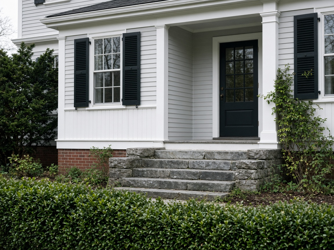 Front porch of a New England house with a clipped hedge