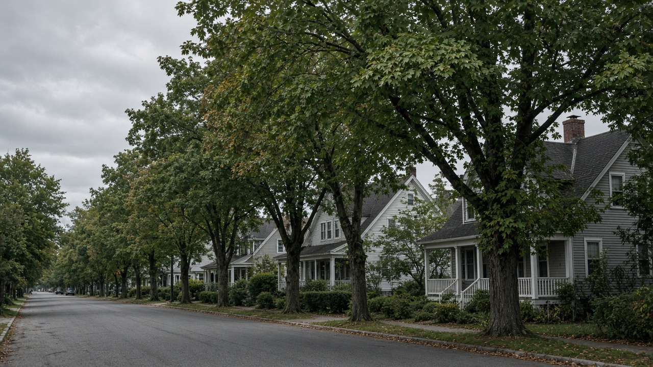Tree-lined residential street in coastal Massachusetts